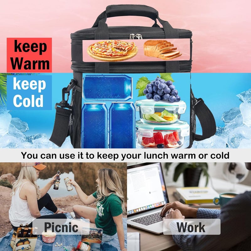 JOINGO Lunch Box For Men/Women,Large Double-layer Insulated Expandable Reusable Leakproof Cooler Bags For Adults,Lunch Bag With Adjustable Shoulder Strap For Office Travel Picnic（Black） - Image 3